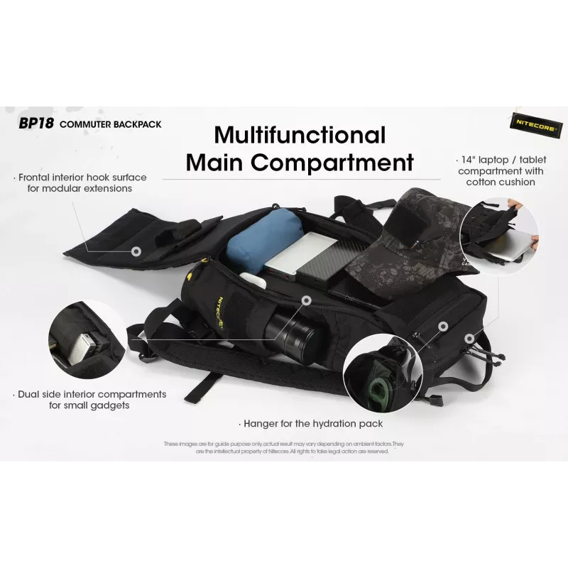 Keliautinė kuprinė Nitecore BP18 — juoda nailono/poliesterio, 240×160×470 mm