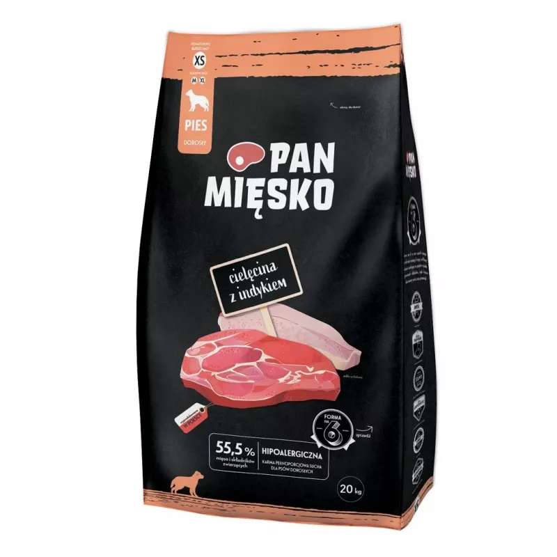Sausas šunų ėdalas Pan Miesko Veal with Turkey XS 20 kg — suaugusioms mažų veislių šunims, 30% baltymų, 20% riebalų