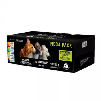 Drėgnas kačių maistas maišeliuose PetRepublic asorti pakuotė 48 x 85 g — mišri mėsa ir žuvis padaže (vištiena, kalakutiena, aviena, lašiša, tunas)