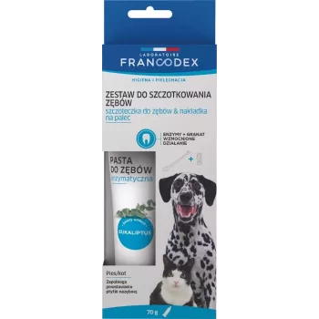 Burnos higienos rinkinys FRANCODEX FR179122 — dantų šepetėlis ir 70 g dantų pasta suaugusiems šunims ir katėms, dantų akmenų mažinimui, pasta, 100 g