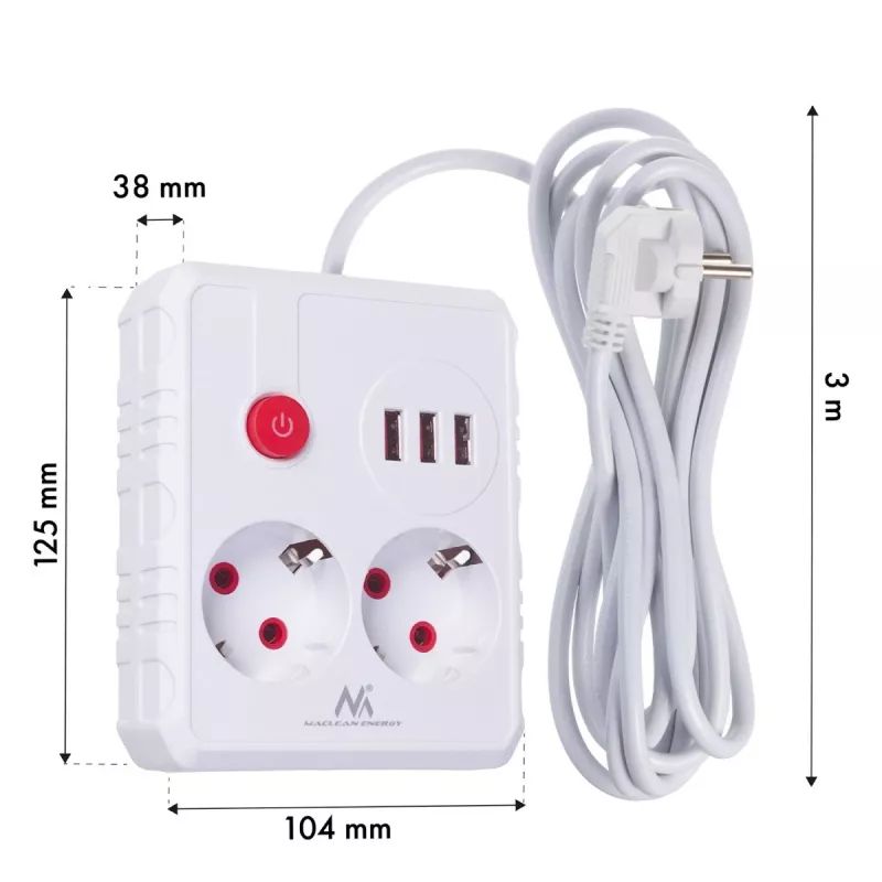 Maitinimo lizdų blokas MACLEAN MCE388 W — 2 lizdai, 3×USB, 110–240V, 2500W, 3 m laidas, baltas