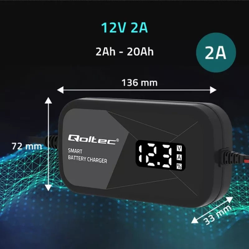 Baterijų įkroviklis QOLTEC 52492 12V 2A su mikroprocesoriniu valdymu ir elementų regeneracija