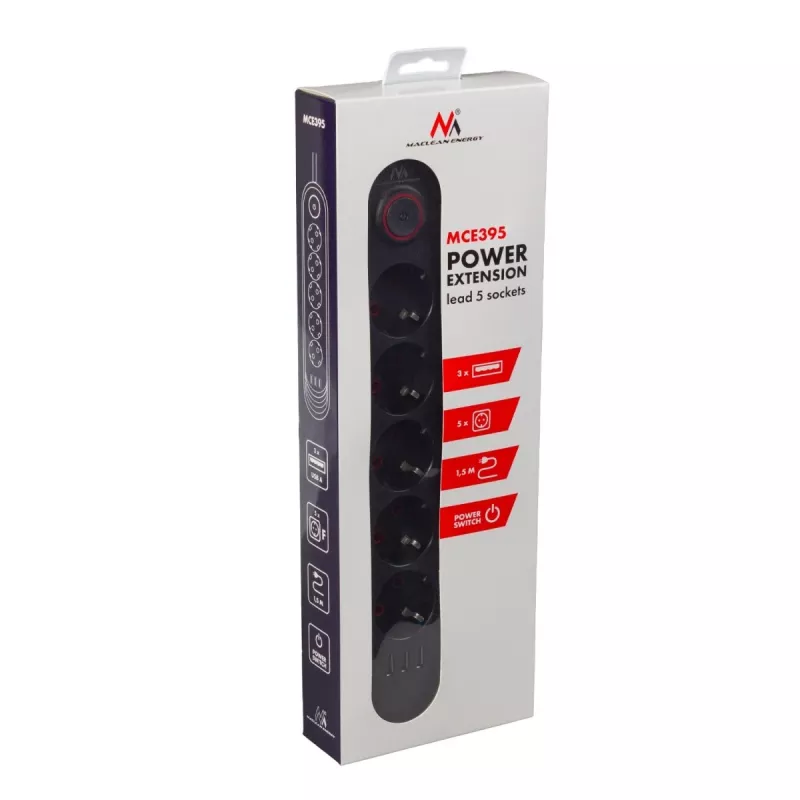 Maitinimo lizdas MACLEAN MCE395 B — 5 lizdai, 3×USB, 110–240V AC, 2,1A USB, 2500W, 1,5 m kabelis, juodas