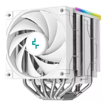 Oro aušintuvas DeepCool AK620 Digital SE White — dvigubi 120 mm ventiliatoriai, 6 šilumos vamzdeliai, PWM, LGA 1700 palaikymas, įmontuotas ekranas