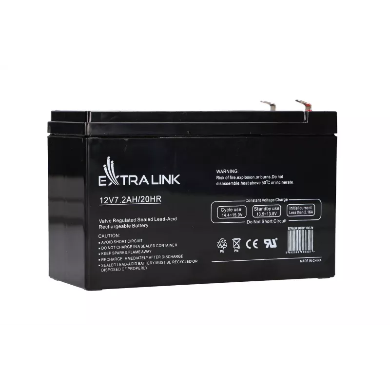 UPS baterija Extralink AGM 12V 7,2Ah (7Ah) sandari švino rūgšties VRLA, nereikalaujanti priežiūros, juoda