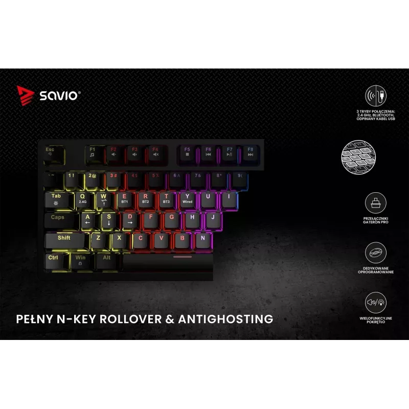 Savio Phenix SAVGK-RED klaviatūra, skirta žaidimams, USB, RF belaidė, Bluetooth, QWERTY