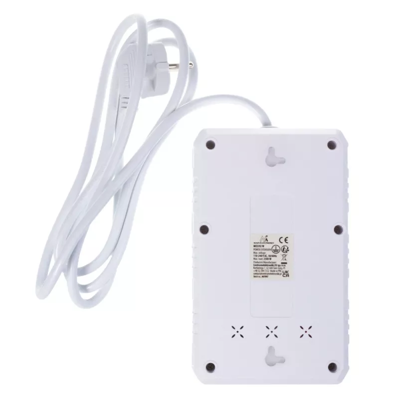 Maitinimo lizdas MACLEAN MCE392 W — 4 F tipo lizdai, 3×USB A, 110–240 V, 2.1 A maks., 2500 W, 1,5 m kabelis, baltas