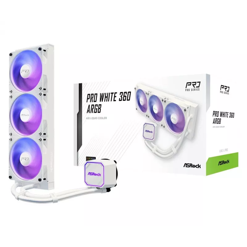 CPU aušintuvas ASROCK Pro 360 ARGB White – 360 mm AIO skysčio aušintuvas, ARGB apšvietimas, balta apdaila
