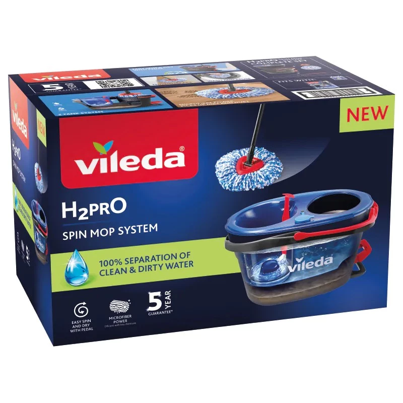 Grindų šluota VILEDA Microfibre 320 mm, teleskopinė rankena 55–123 cm, plaunama, 360° besisukanti galvutė, juoda/mėlyna/raudona