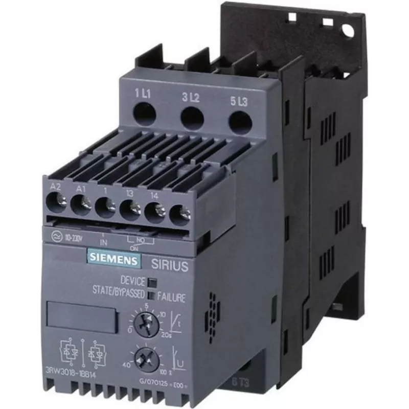 Siemens minkštojo paleidimo įrenginys, variklio galia esant 400 V – 4,0 kW, variklio galia esant 230 V – 2,2 kW, 400 V kintamoji srovė, vardinė srovė 9 A, 3RW3016 (3RW3016-1BB14)