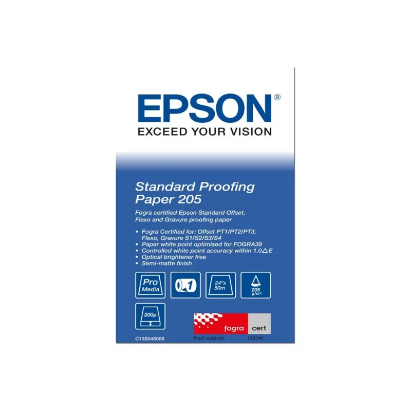 Epson Standartinis Proof Popierius, 24 coliai x 50m, 205g/m², 50 m, 61 cm, 61 cm (24 coliai), Pusiau matinis, 200 µm, 205 g/m²