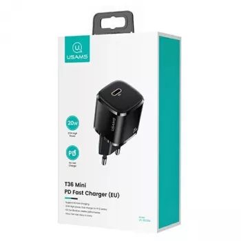usams telefono įkroviklis 1x USB-C T36 + Lightning PD — kompaktiškas PD įkroviklis su USB-C ir Lightning