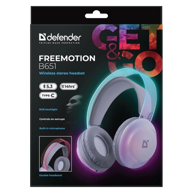 Belaidės ant galvos dedamos ausinės DEFENDER Freemotion B651 — binauralinės, uždara akustinė sistema, 20–20000 Hz, 105 dB, USB-C, AUX