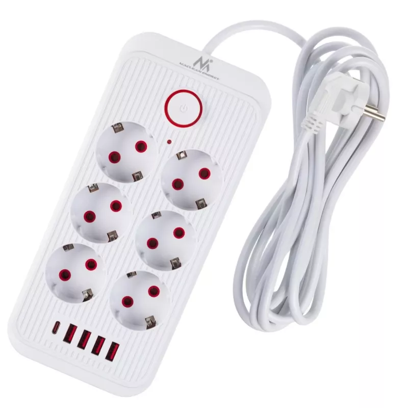 Kištukinis lizdas MACLEAN MCE391 W — 6 lizdai, 4×USB-A + 1×USB-C, 3 m kabelis, 110–240V, 2500W, baltas