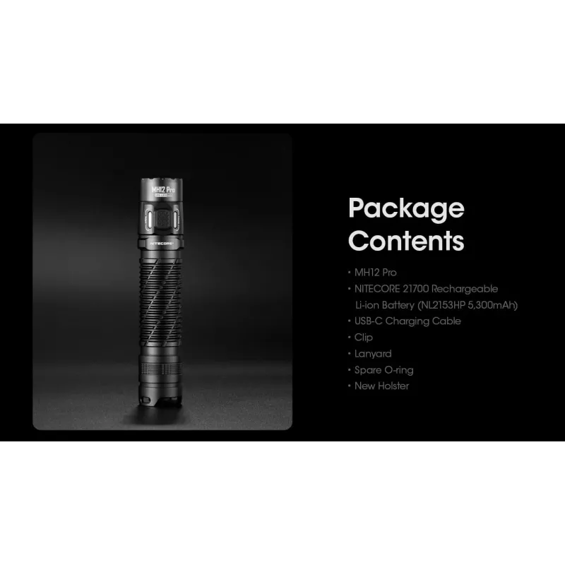 Rankinis žibintuvėlis Nitecore MH12 Pro Juoda LED 3300 lm USB įkraunamas 5300 mAh, aliuminis, 138.5 mm, 81.5 g, atsparus vandeniui iki 2 m
