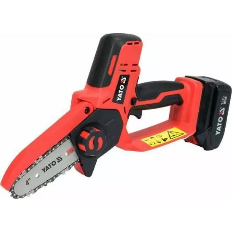 Belaidis grandininis pjūklas YATO YT-828135 — 18V Li-Ion 2Ah, 10 cm juosta, 3200 aps./min, 4,8 m/s grandinės greitis, 26 grandys