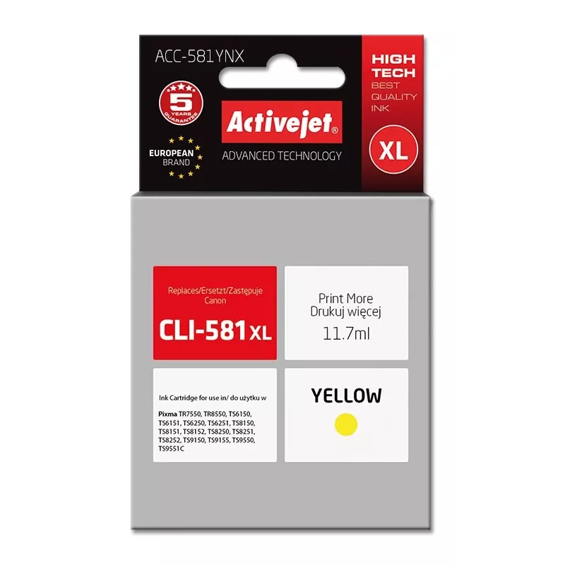 Suderinamas rašalo kasetė ActiveJet ACC-581YNX Geltona, didelės (XL) talpos, 11,7 ml, 875 puslapiai, skirta Canon CLI-581XL