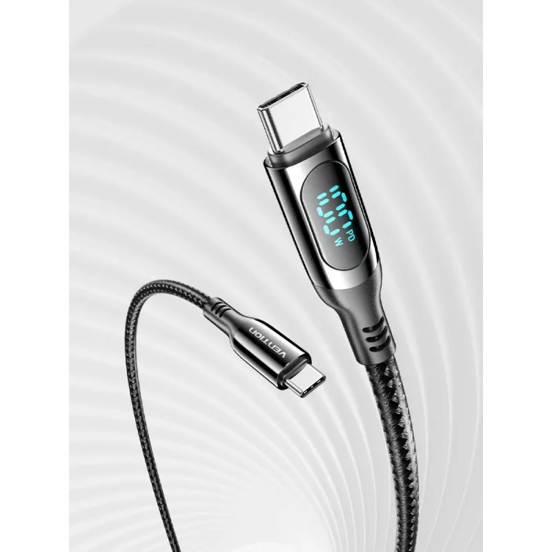 Vention medvilniniu pynimu aptrauktas USB 2.0 C-į-C 5A laidas su LED ekranu 1,2 m juodas cinko lydinio tipas