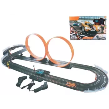 Mechaninis žaislinis lenktynių takelis Madej Racetrack su dviem kilpomis, nešiojamas kilpinis automobilių takelio rinkinys