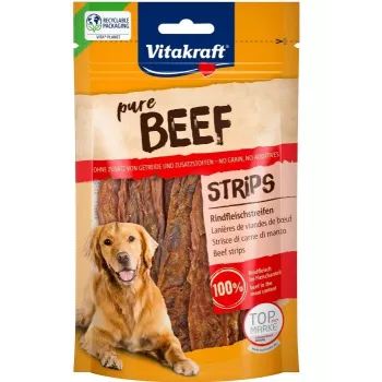 Šunų skanėstas Vitakraft Pure Jautienos juostelės 80 g — vienos sudedamosios dalies jautiena, be grūdų, be glitimo, tinka visoms veislėms