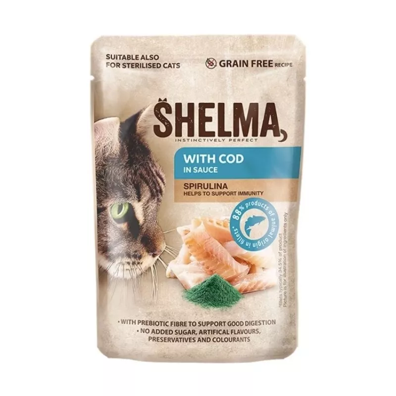 Šlapias kačių ėdalas SHELMA su lašiša ir menke padaže, 4 x 85 g maišeliai, 81 % drėgmės, 10 % baltymų
