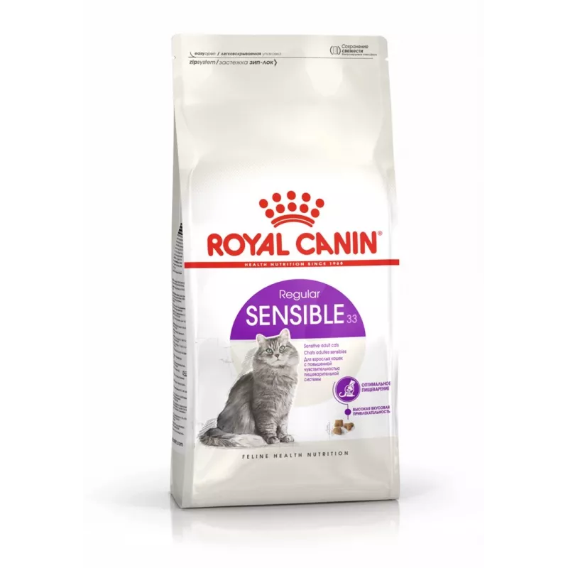 Sausas kačių maistas Royal Canin Sensible 33 Adult — 2 kg, baltymai 33%, riebalai 22%, virškinimo palaikymas, paukštienos skonis