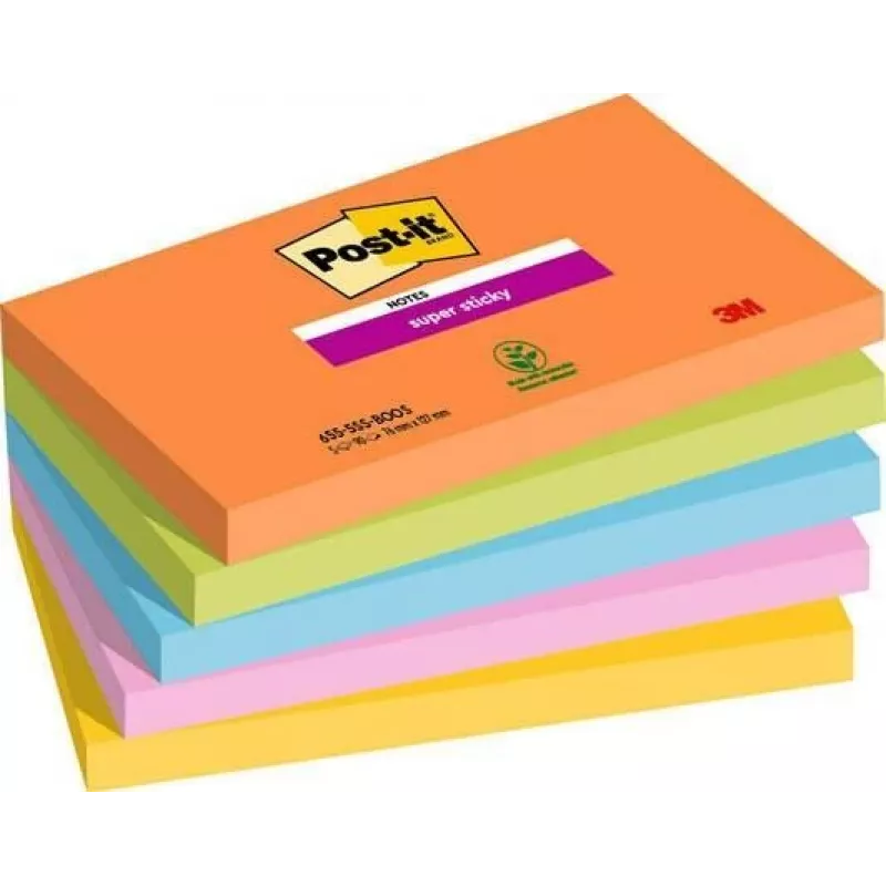 3M 655-5SS-BOOS Lipnūs lapeliai Stačiakampiai Mėlyni - Žali - Oranžiniai - Rožiniai - Geltoni 90 lapelių (655-5SS-BOOS)