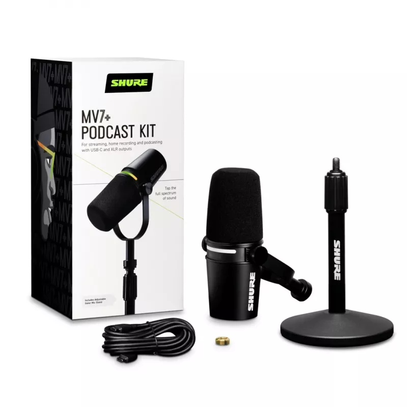 Shure MV7+-K-BNDL - pultinis/vokalinis mikrofonas su XLR/USB-C jungtimi, juodas + stalinis stovas GATOR