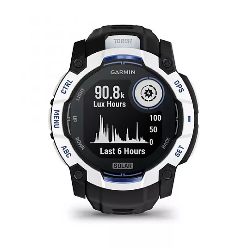 Išmanusis laikrodis GARMIN Instinct 3.05 cm (1.2 colio) AMOLED 45 mm 390x390 px jutiklinis ekranas Juoda Balta GPS 4 GB 53 g Silikoninis dirželis