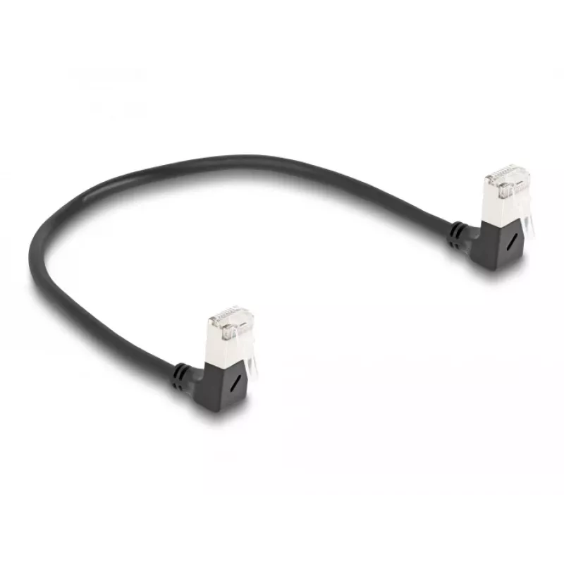 DeLOCK RJ45 tinklo kabelis Cat.6A S/FTP plonas 90° žemyn 0,25 m juodas