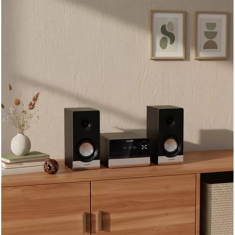 Namų garso mikrosistema BLAUPUNKT MS40.2BT — 2×50 W RMS, Bluetooth, CD, USB, HDMI ARC, optinis įėjimas, LED ekranas (juoda)