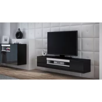 TV staliukas cama meble VIVA 180 — 1800×400×370 mm, juoda viršutinė dalis (medžio drožlių plokštė), juodas rėmas, balti akcentai