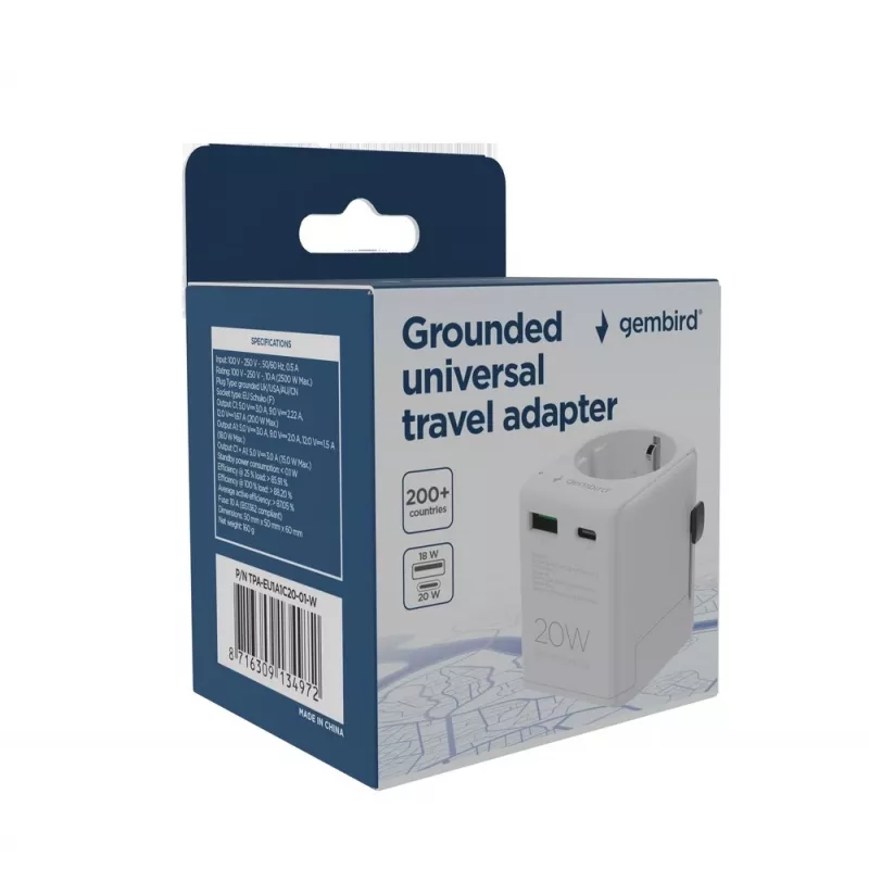 Kelioninis maitinimo adapteris GEMBIRD TPA-EU1A1C20-01-W 20W, USB-A 18W + USB-C 20W, Schuko lizdas, įėjimas 100–250V
