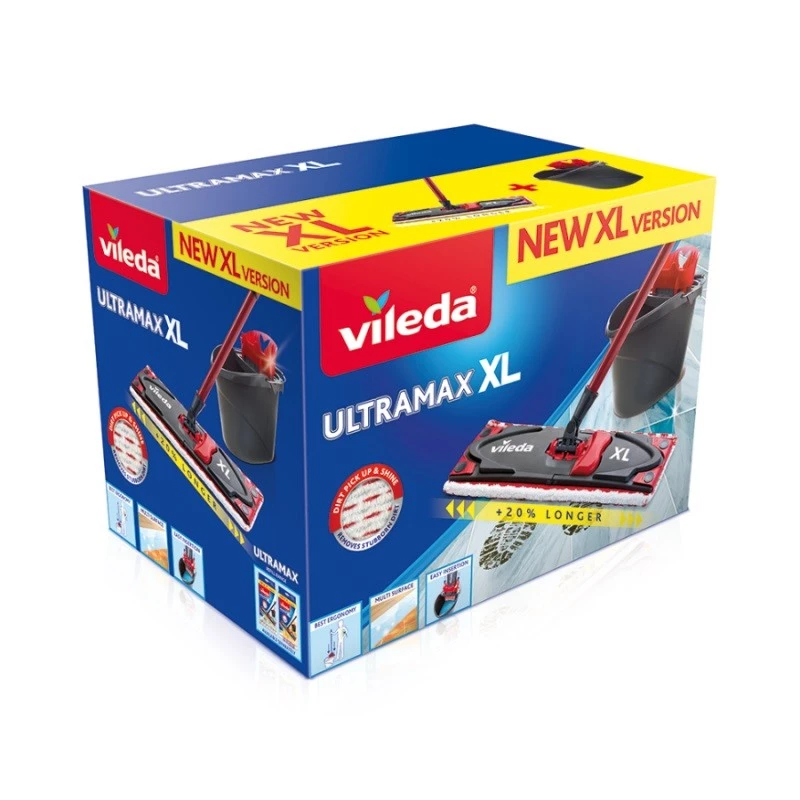 VILEDA šluota Ultramax XL Box — plaunamas mikropluošto 360° besisukantis antgalis, sulankstomas, kietoms grindims