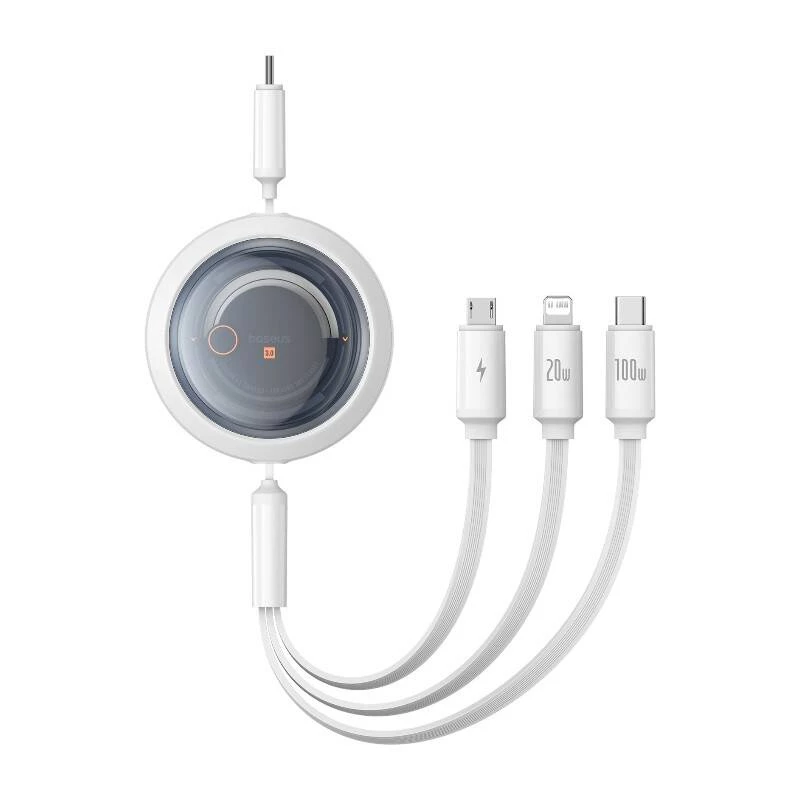 Greito įkrovimo laidas 3in1 Baseus Free2Draw USB-C į USB-C/Lightning/Micro 100W, 1,1m (baltas)