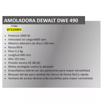 Kampinis šlifuoklis DeWALT DWR490 — 2200 W, 230 mm diskas, 6600 aps./min., 5,2 kg