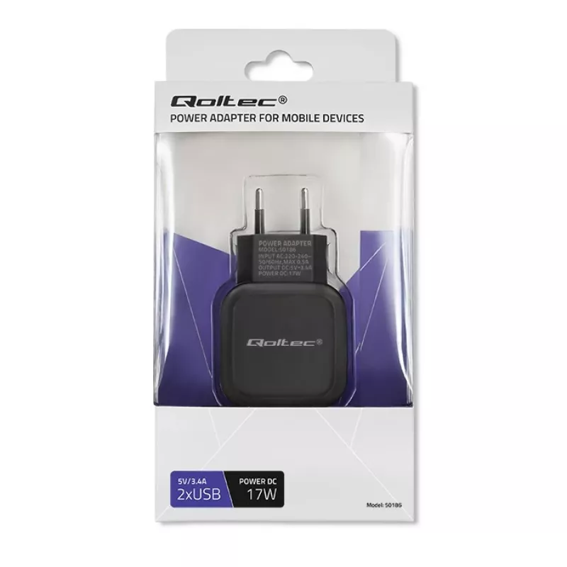 Vidaus kroviklis QOLTEC 50186 išmaniesiems telefonams ir planšetėms, 5 V 3,4 A, 17 W, 2× USB, juodas