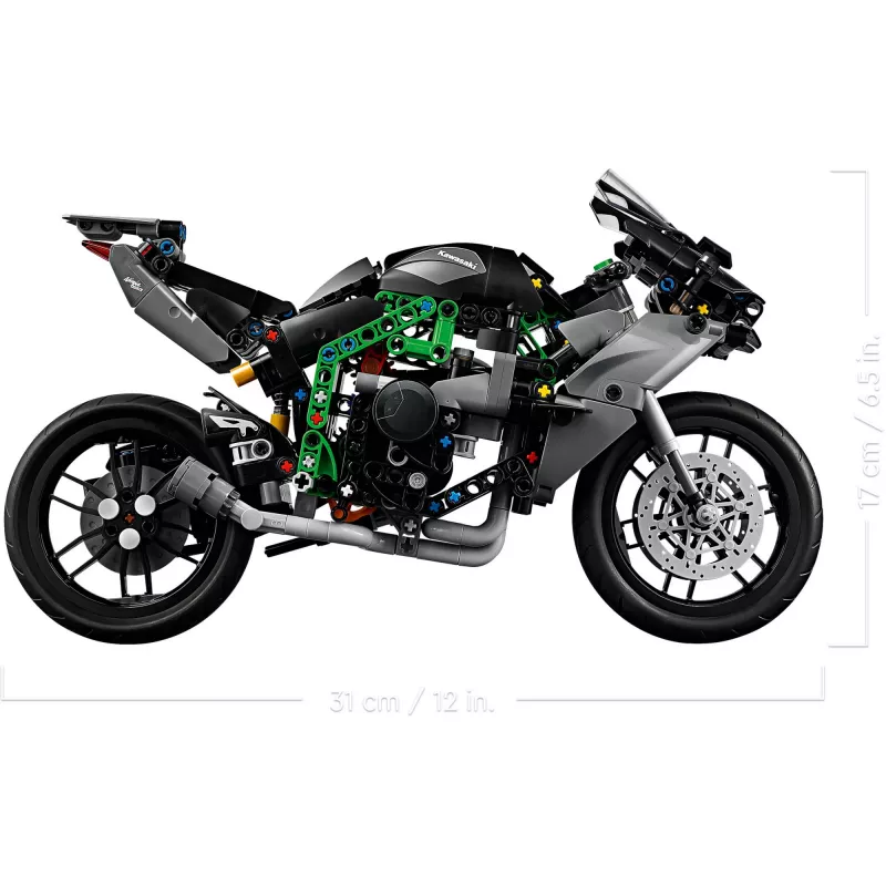 LEGO Technic motociklo modelis Kawasaki Ninja H2R 42170 — 1:1 mastelio kopija, 643 detalės, instrukcijų lapas, nuo 10 metų