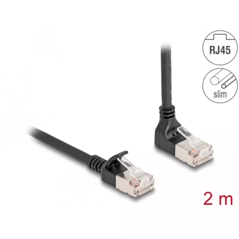 Delock - Tinklo kabelis - RJ-45 (V) į viršų kampuotas į RJ-45 (V) tiesus - 2,0 m - 4,5 mm - S/FTP - CAT 6a - Ekranuotas, be halogenų - Juodas (80288)