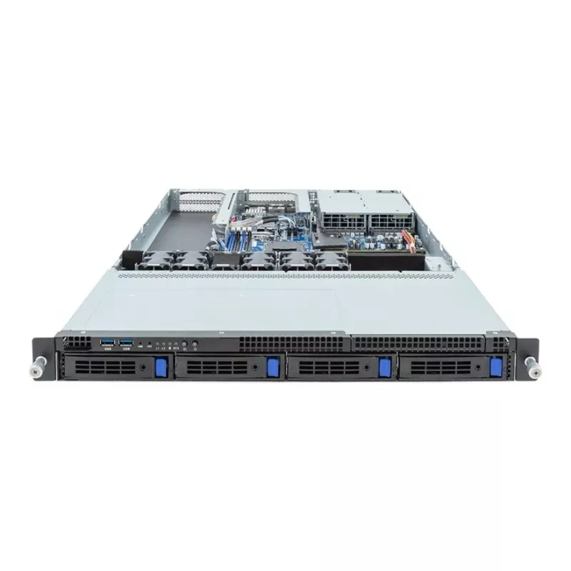 1U stovo serverio platforma GIGABYTE R133-C13-ACG1 — AMD B650E pagrindinė plokštė, Socket AM5, 4x DDR5 UDIMM lizdai, 800 W perteklinis maitinimo šaltinis, 4x 2,5 colio / 3,5 colio nišos