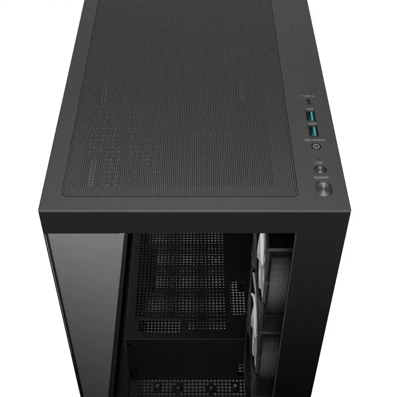 PC korpusas DeepCool CG580 4F Midi Tower — ATX/ITX/MicroATX, grūdintas stiklas, 3×120 mm + 1×120 mm ventiliatoriai, 2×3,5 col. ir 2×2,5 col., USB-A×2 USB-C×1, juodas
