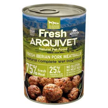 Šlapias šunų maistas ARQUIVET Fresh Iberian Pork Meatballs 400 g – pilnavertė konservuota dieta, be grūdų, suaugusiems šunims