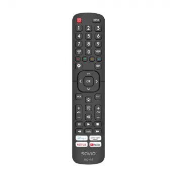 Universalus nuotolinio valdymo pultelis SAVIO RC-14, skirtas Hisense Smart TV, IR belaidis, palaiko 14 įrenginių, veikimo nuotolis iki 10 m, juodas