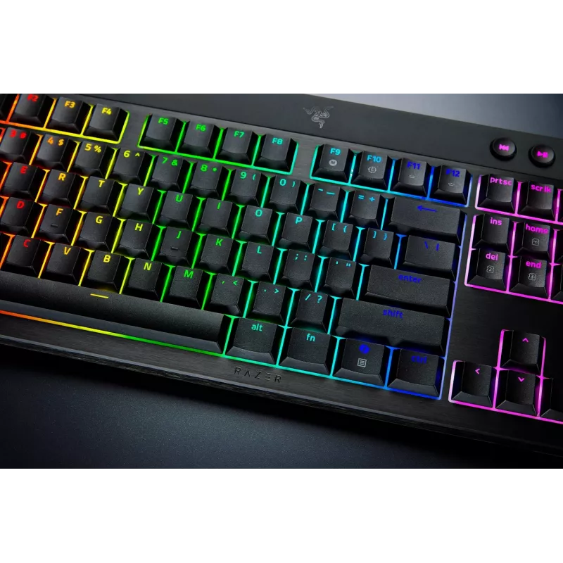 Razer JuodaWidow V4 Low-Profile HyperSpeed klaviatūra, žaidimams, USB, RF belaidė, Bluetooth, QWERTY US International, juoda