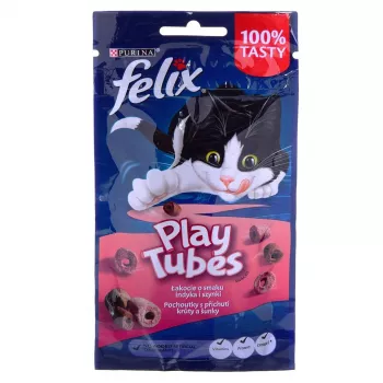 Sausas kačių skanėstas Felix Play Tubes su kalakutiena ir kumpiu 50 g — mėsingas kąsnelis suaugusioms katėms, 35% baltymų, 19,5% riebalų