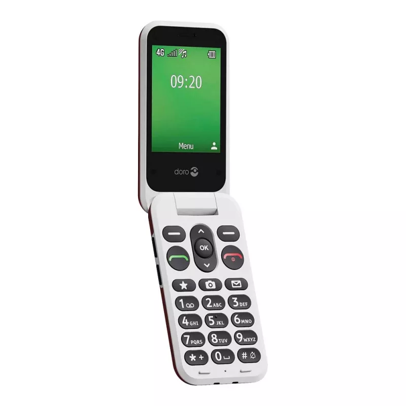 „Doro Leva E22“ mygtukinis telefonas, atverčiamas, 2,8 colio (7,11 cm) ekranas, viena SIM, 0,3 MP kamera, 1150 mAh, 127,8 g, raudona/baltas