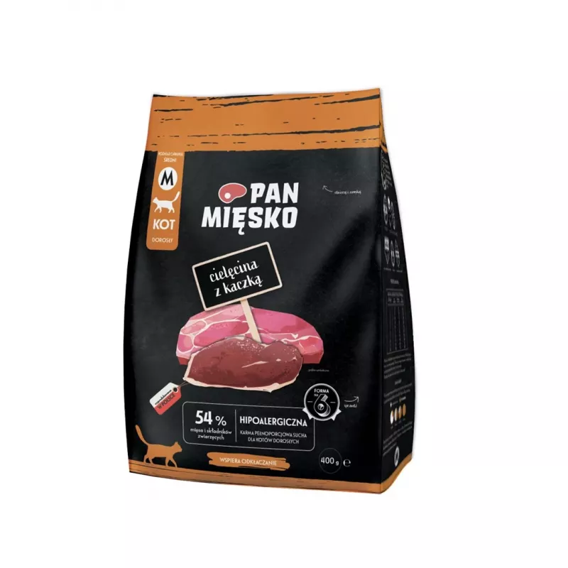 Sausas kačių maistas Pan Miesko Veršiena su Antiena, pilnavertis ėdalas suaugusioms katėms, 400 g, 39% baltymų, 16% riebalų