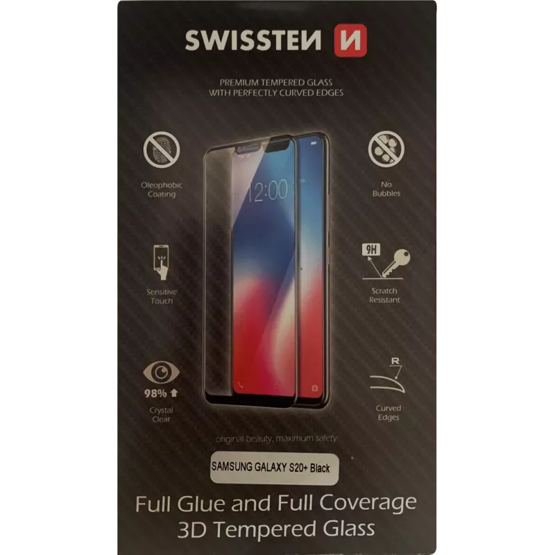 Grūdinto stiklo ekrano apsauga SWISSTEN, skirta Samsung Galaxy S20+ — 3D visiškas klijavimas, itin patvari, juoda