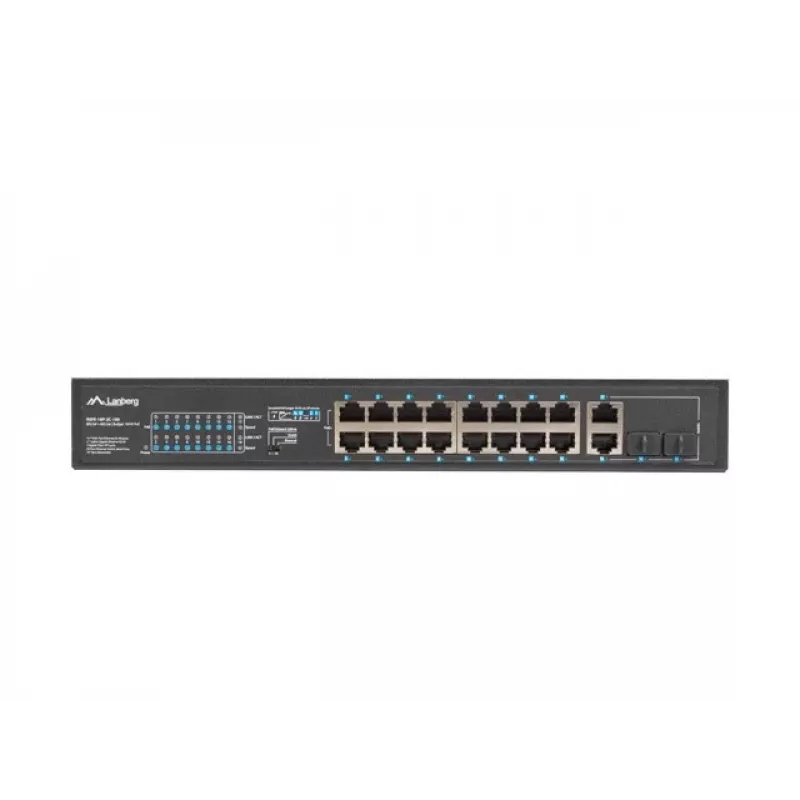 Nevaldomas jungiklis LANBERG RSFE-16P-2C-150 — 18 prievadų Gigabit, 16 PoE+/2 SFP, 150 W bendra galia, 1U stovas, metalinis, juodas