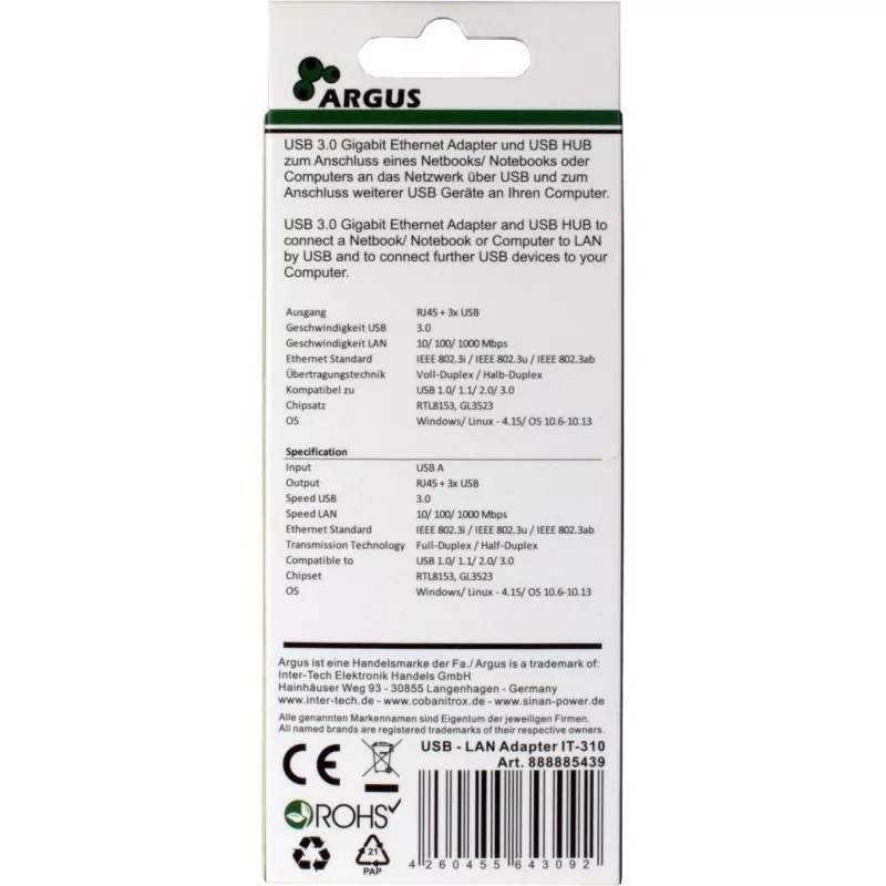 Inter-Tech Argus IT-310 - Hub - 3 x SuperSpeed USB 3.0 + 1 x 10/100/1000 - stalinis (88885439)